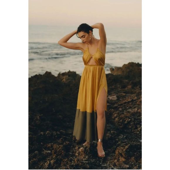 topshop yellow beaded dress Sylune Embellished Cowl-Neck Backless Mini Dress in Yellow main image 0